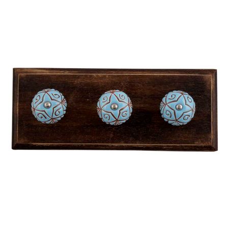 Turquoise Etched Ceramic Floral Wooden Hooks